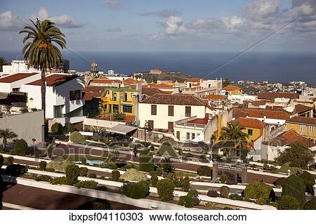 View of the historic centre and the Jardines del Marquesado de la Quinta Roja park, La Orotava, Tenerife, Canary Islands, Spain, Europe View Large Photo Image Stock Image - View of the historic centre and the Jardines del Marquesado de la Quinta Roja park, La Orotava, Tenerife, Canary Islands, Spain, Europe. Fotosearch