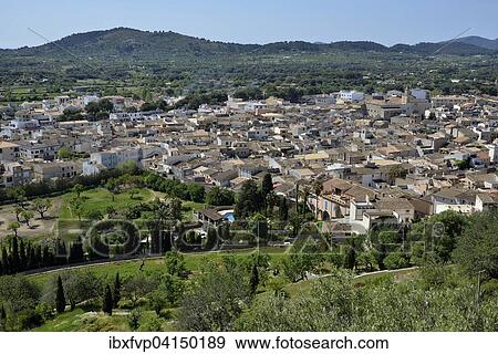 Stock Photo - View of the historic centre from the Santuari de Sant Salvador fortress, Arta, Majorca, Balearic Islands, Spain, Europe. Fotosearch