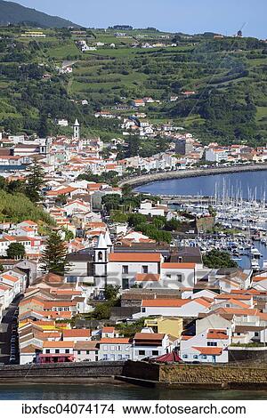 View of the town from Mount Guia, Horta, Porto Pim, Faial, Azores, Portugal, Europe View Large Photo Image Picture - View of the town from Mount Guia, Horta, Porto Pim, Faial, Azores, Portugal, Europe. Fotosearch