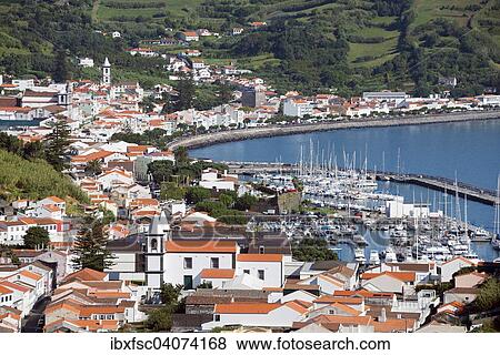 Stock Photo - View of the town from Mount Guia, Horta, Porto Pim, Faial, Azores, Portugal, Europe. Fotosearch