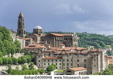 Stock Photo - View over the historic centre to the Cathedral, Le Puy-en-Velay, Auvergne, France, Europe. Fotosearch