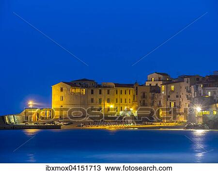 Stock Image - Views of Cefalu in the evening, Cefalu, Province of Palermo, Sicily, Italy, Europe. Fotosearch