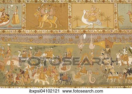 Stock Image - Wall Painting near Jaipol Gate, Mehrangarh Fort, Jodhpur, Rajasthan, India, Asia. Fotosearch