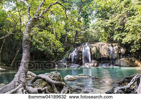 Stock Image - Waterfall in Erawan National Park, Kanchanaburi Province, Thailand, Asia. Fotosearch