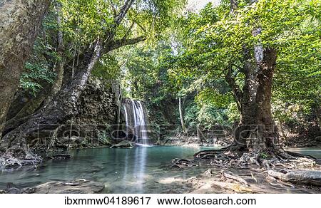 Stock Photo - Waterfall in Erawan National Park, Kanchanaburi Province, Thailand, Asia. Fotosearch