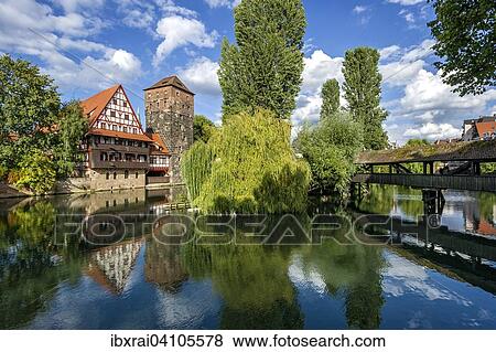 Stock Photo - Weinstadel, water tower, Henker- or long bridge, river Pegnitz, historic centre, Nuremberg, Middle Franconia, Franconia, Bavaria, Germany, Europe. Fotosearch