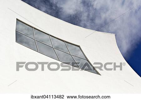 Stock Image - White concave facade, facade detail, clouds reflected in the windows, auditorium and convention center Infanta Dona Elena, architect Estudio Barozzi Veiga, Murcia, Spain, Europe. Fotosearch