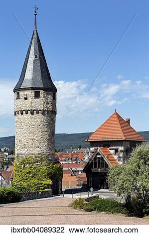 Stock Image - Witches' Tower and Hesse tower, bridge keeper's house, medieval city walls, Bad Homburg, Main-Taunus-Kreis, Hesse, Germany, Europe. Fotosearch