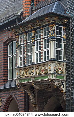Wooden balcony of the historic Town Hall, built in 1586, Lubeck, Schleswig-Holstein, Germany, Europe View Large Photo Image Picture - Wooden balcony of the historic Town Hall, built in 1586, Lubeck, Schleswig-Holstein, Germany, Europe. Fotosearch