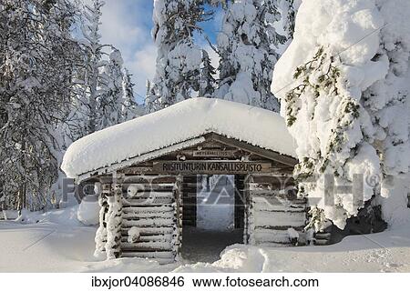 Stock Photograph - Wooden hut, entrance, Riisitunturi National Park, Posio, Lapland, Finland, Europe. Fotosearch