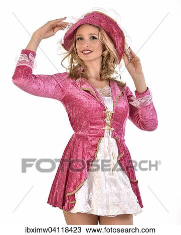 Young blonde woman wearing a pink and white costume View Large Photo Image Stock Image - Young blonde woman wearing a pink and white costume. Fotosearch