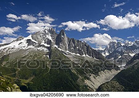 Stock Image - Aiguille Verte peak and Aiguille du Dru, Chamonix, Savoie Alps, Haute Savoie, France, Europe. Fotosearch