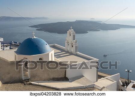 Blue dome and bell-tower of Firostefani Church, Santorini, Greece, Europe View Large Photo Image Stock Photo - Blue dome and bell-tower of Firostefani Church, Santorini, Greece, Europe. Fotosearch