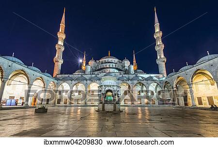 Stock Image - Blue Mosque, Sultan Ahmet Camii at night, Sultanahmet, European Side, Istanbul. Fotosearch