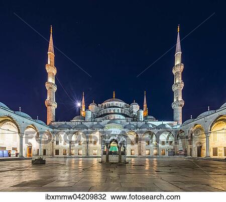 Stock Image - Blue Mosque, Sultan Ahmet Camii at night, Sultanahmet, European Side, Istanbul. Fotosearch