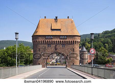 Stock Image - Bruckentor bridge gate on the Main Bridge, Miltenberg, Mainviereck, Lower Franconia, Franconia, Bavaria, Germany, Europe. Fotosearch