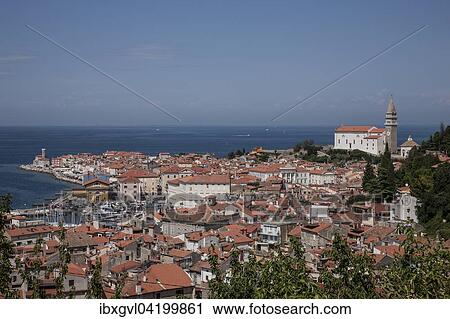 Cityscape with lighthouse and Cathedral of St. George, Piran, Istria, Slovenian Littoral, Slovenia, Europe View Large Photo Image Stock Image - Cityscape with lighthouse and Cathedral of St. George, Piran, Istria, Slovenian Littoral, Slovenia, Europe. Fotosearch