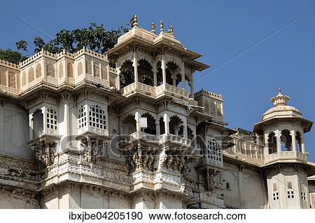 Stock Image - Detail of the exterior facade, facade of the city palace, Maharaja Palace, Udaipur, Rajasthan, India, Asia. Fotosearch