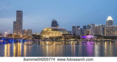 Picture - Downtown skyline, The National Stadium, Singapore river, Singapore, Asia. Fotosearch