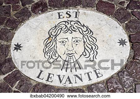 Stock Image - Est Levante, wind rose, wind direction, marble slabs, Piazza di San Pietro, St. Peter's Square, Rome, Lazio, Italy, Europe. Fotosearch