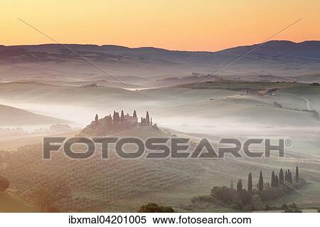 Farm house Belvedere at Sonnenuafgang, San Quirico d'Orcia, Val d'Orcia, UNESCO World Heritage Site, Province of Siena, Tuscany, Italy, Europe View Large Photo Image Stock Photography - Farm house Belvedere at Sonnenuafgang, San Quirico d'Orcia, Val d'Orcia, UNESCO World Heritage Site, Province of Siena, Tuscany, Italy, Europe. Fotosearch