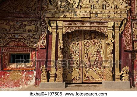 Stock Photograph - Golden wood carvings, decoration on the Wan Nyet Buddhist monastery, near Kyaing Tong, Golden Triangle, Myanmar, Asia. Fotosearch