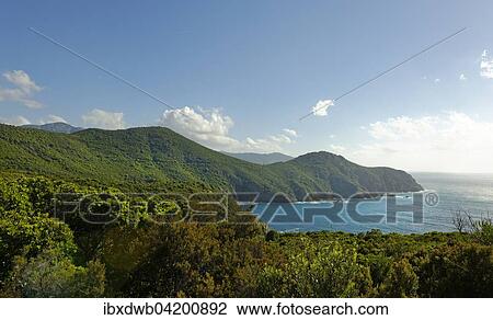 Stock Image - Half Island Punta di Ciuttone between Galeria and Calvi, Filosorma, west coast Haute-Corse, Corsica, France, Europe. Fotosearch