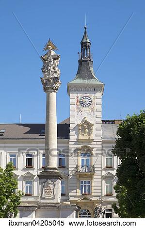 Stock Photography - Holy Trinity Column on the main square in front of the city hall, Mistelbach, Weinviertel, Lower Austria, Austria, Europe. Fotosearch