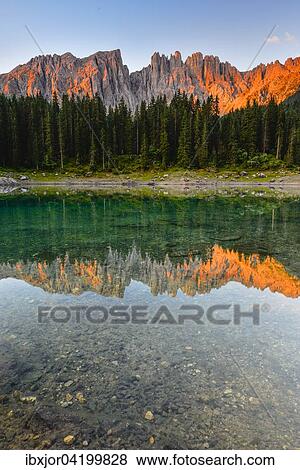 Stock Photo - Karersee lake in front of Latemar, Lago di Carezza, Carezza, Dolomites, Trentino Province, Province of South Tyrol, Italy, Europe. Fotosearch