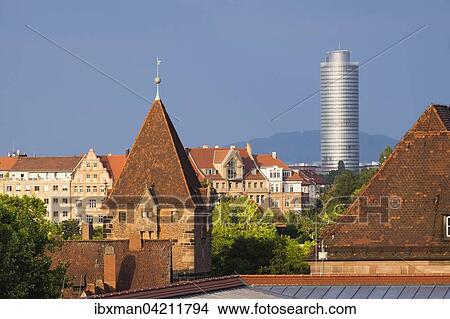 Mannerschuldturm Tower, Business Tower behind, historic centre of Sebald, Nuremberg, Middle Franconia, Franconia, Bavaria, Germany, Europe View Large Photo Image Picture - Mannerschuldturm Tower, Business Tower behind, historic centre of Sebald, Nuremberg, Middle Franconia, Franconia, Bavaria, Germany, Europe. Fotosearch