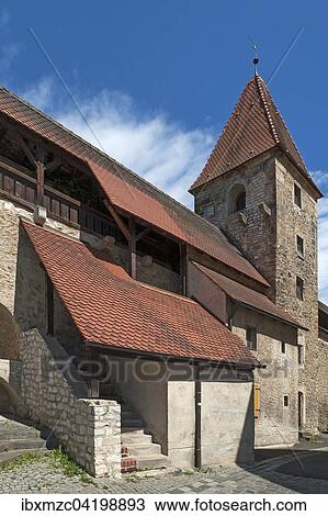 Stock Image - Medieval town wall with tower and battlements, Amberg, Upper Palatinate, Bavaria, Germany, Europe. Fotosearch