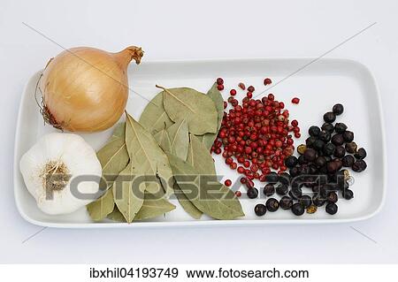 Onion, garlic, bay leaves, red and black peppercorns View Large Photo Image Stock Photo - Onion, garlic, bay leaves, red and black peppercorns. Fotosearch