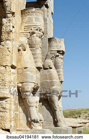 Stock Image - Relief figures at the gate of all nations, ancient Persian royal capital Persepolis, Iran, Asia. Fotosearch