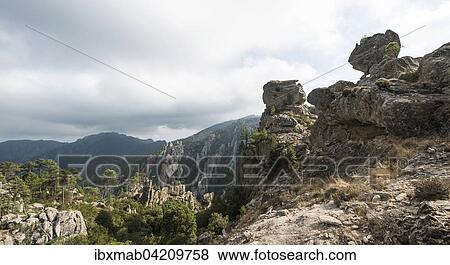 Rock formation, mountain landscape, L'Ospedale Alta Rocca, Corsica, France, Europe View Large Photo Image Stock Photo - Rock formation, mountain landscape, L'Ospedale Alta Rocca, Corsica, France, Europe. Fotosearch