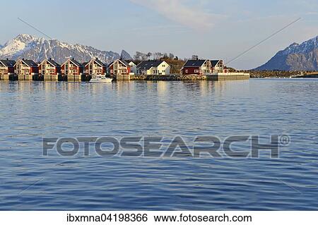 Row of red cottages by the blue water, Svolvaer, island Austvagoy, Lofoten, Nordland, Norway, Europe View Large Photo Image Stock Photograph - Row of red cottages by the blue water, Svolvaer, island Austvagoy, Lofoten, Nordland, Norway, Europe. Fotosearch