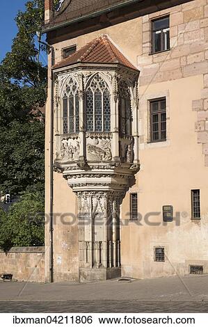 Stock Photograph - Sebalder vicarage with oriel window, Sebalder Altstadt, Nuremberg, Middle Franconia, Franconia, Bavaria, Germany, Europe. Fotosearch
