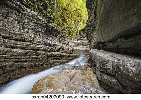 Stock Image - Tauglbachs river flowing through the gorge, Taugl, Hallein District, Salzburg, Austria, Europe. Fotosearch