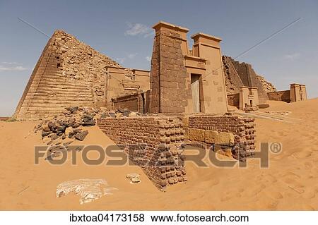 Stock Photo - The tomb of Queen Shanakdakhete, pyramids of the north cemetery of Meroe, Nubia, Nahr an-Nil, Nubian Desert, Sudan, Africa. Fotosearch