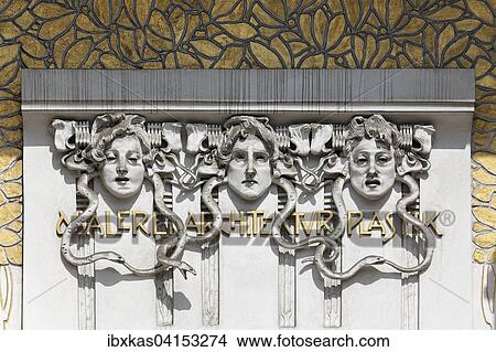 Three women's faces on the Secession building for Contemporary Art, Architecture, Painting, Sculpture, art nouveau decoration, Vienna, Austria, Europe View Large Photo Image Picture - Three women's faces on the Secession building for Contemporary Art, Architecture, Painting, Sculpture, art nouveau decoration, Vienna, Austria, Europe. Fotosearch