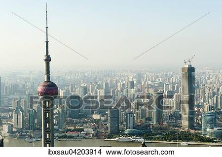 Picture - View from Jin Mao Tower skyscraper with Oriental Pearl TV Tower, Huangpu River, Pudtog, Shanghai, China, Asia. Fotosearch