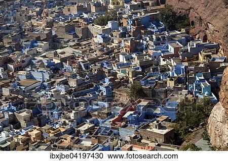 Stock Image - View from Mehrangarh Fort onto Brahmapuri, Blue City, district of Jodhpur, Rajasthan, India, Asia. Fotosearch