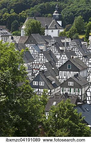 View of the Alter Flecken, half-timbered houses from the 17th century, with the Protestant Church, Freudenberg, North Rhine-Westphalia, Germany, Europe View Large Photo Image Stock Photo - View of the Alter Flecken, half-timbered houses from the 17th century, with the Protestant Church, Freudenberg, North Rhine-Westphalia, Germany, Europe. Fotosearch