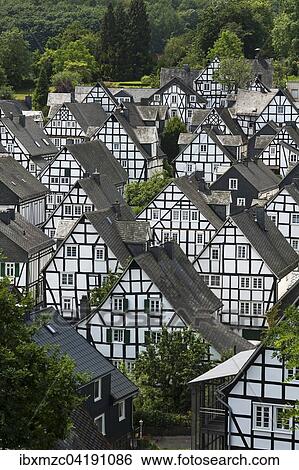 Stock Photograph - View of the Alter Flecken, half-timbered houses from the 17th century, in the historic center of Freudenberg, North Rhine-Westphalia, Germany, Europe. Fotosearch