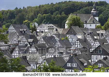 View of the Alter Flecken, half-timbered houses from the 17th century, with the Protestant Church, Freudenberg, North Rhine-Westphalia, Germany, Europe View Large Photo Image Stock Photograph - View of the Alter Flecken, half-timbered houses from the 17th century, with the Protestant Church, Freudenberg, North Rhine-Westphalia, Germany, Europe. Fotosearch