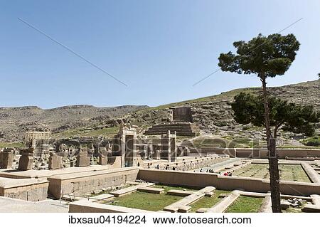 Picture - View of the Hall of Hundred Columns and the treasure room to the grave of Artaxerxes II., Ancient Persian city of Persepolis residence, Iran, Asia. Fotosearch