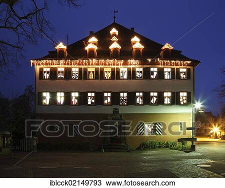 Stock Image - Advent calendar on the windows of the Red Castle, December 2011, Jagsthausen, Hohenlohe, Baden-Wuerttemberg, Germany, Europe. Fotosearch