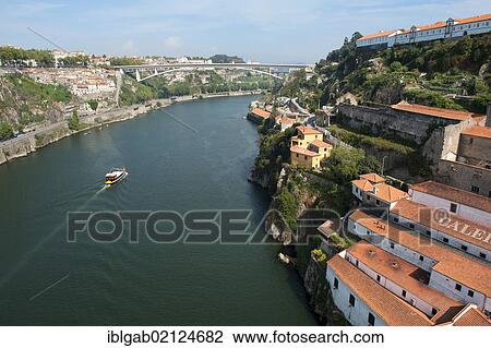 Stock Image - Aerial view over the Douro river, Porto, Unesco World Heritage Site, Portugal, Europe. Fotosearch