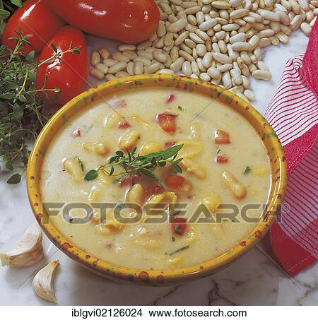 Picture - Apulian bean soup, haricot beans, small noodles with tomatoes, sage, thyme and garlic, Italy, Europe. Fotosearch