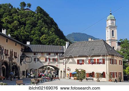 Stock Photograph - Arcades and St. Andreas Parish Church, Berchtesgaden, Bavaria, Germany, Europe, PublicGround, Europe. Fotosearch