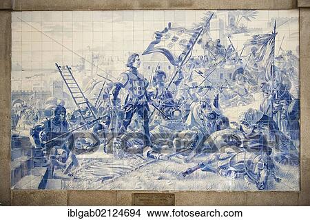 Picture - Azulejos representing the conquest of Ceuta in the XV century by Infant Dom Henrique, Sao Bento Railway Station, Porto, Portugal, Europe, Unesco World Heritage Site, Europe. Fotosearch
